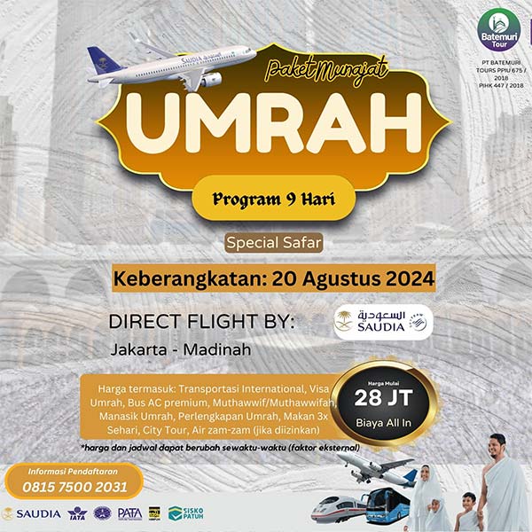 Umrah Ku Dakwah ku, Hudaya Safari Tour, Paket 9 hari, Keberangkatan  20 Agustus  2024 